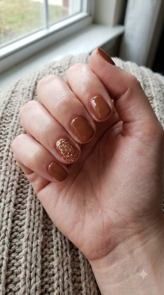 Short round brown nails with one sparkling copper gold glitter accent nail