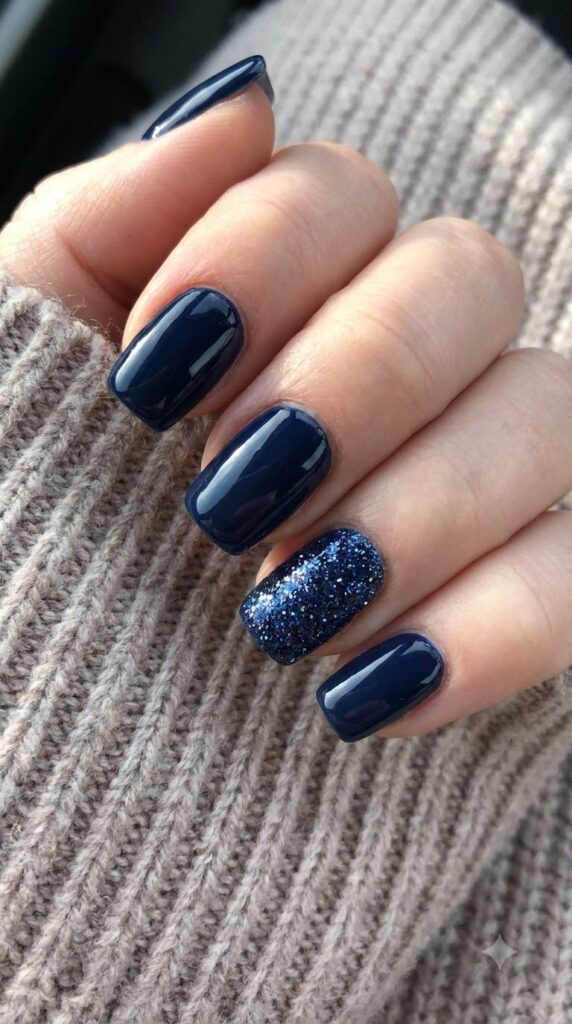 Squoval midnight navy blue nails with one full navy blue glitter accent nail