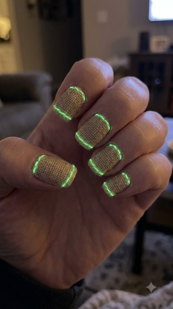 Short squoval tan burlap nails with neon green glow-in-the-dark stitching