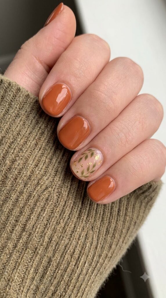 Short round burnt orange nails with gold foil flecks and brown leaf art