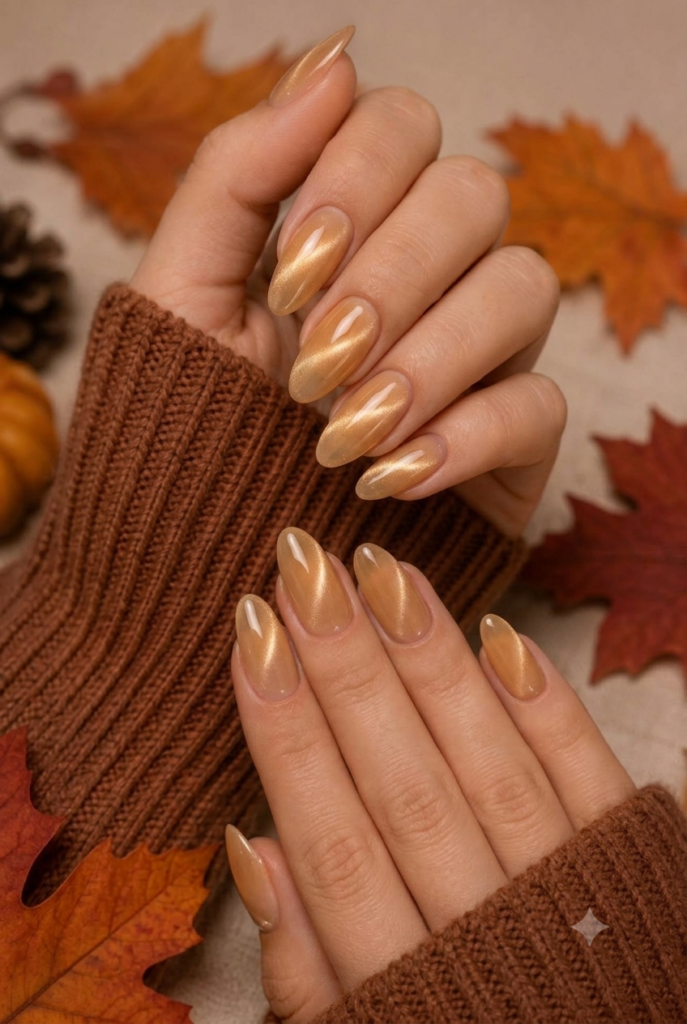 Medium almond golden honey nude magnetic cat-eye velvet nails