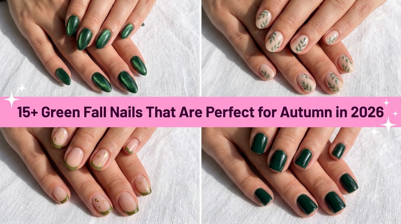 Collage of green fall nails that are perfect for autumn in 2026