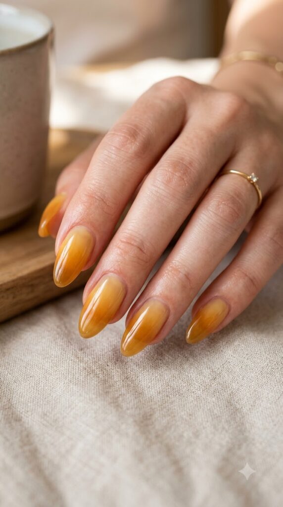 Medium almond translucent honey yellow jelly nails fading into amber tips