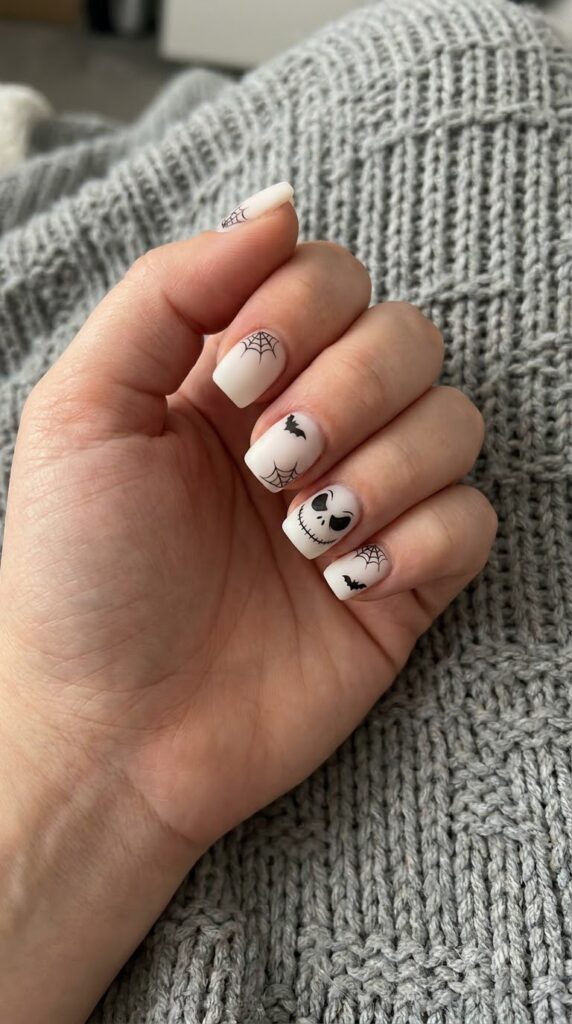 Short square white matte nails with thin black Jack Skellington line art