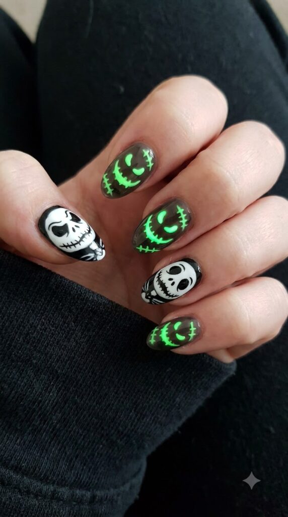 Short almond nails split with monochrome Jack faces and neon green Oogie smiles