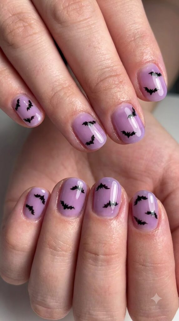 Short round translucent lavender jelly nails with tiny black bat silhouettes