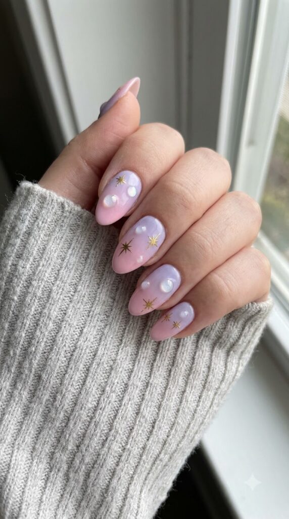 Almond lavender pink gradient nails with white potion bubbles and gold stars