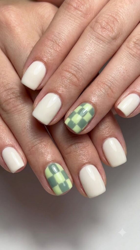 Short square off-white nails with muted sage and lime green checkerboard art