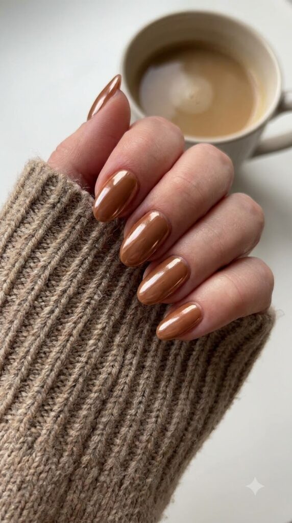 Short almond maple sugar brown nails with glazed chrome finish