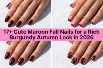 Collage of cute maroon fall nails for a rich burgundy autumn look in 2026
