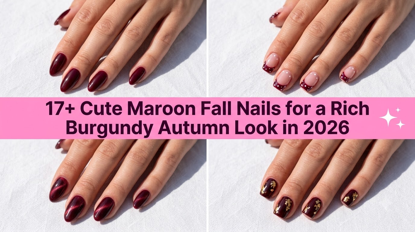 Collage of cute maroon fall nails for a rich burgundy autumn look in 2026