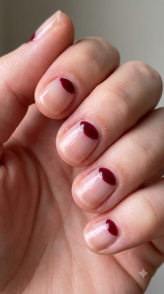 Short round clear nails with deep maroon red cuticle half-moons