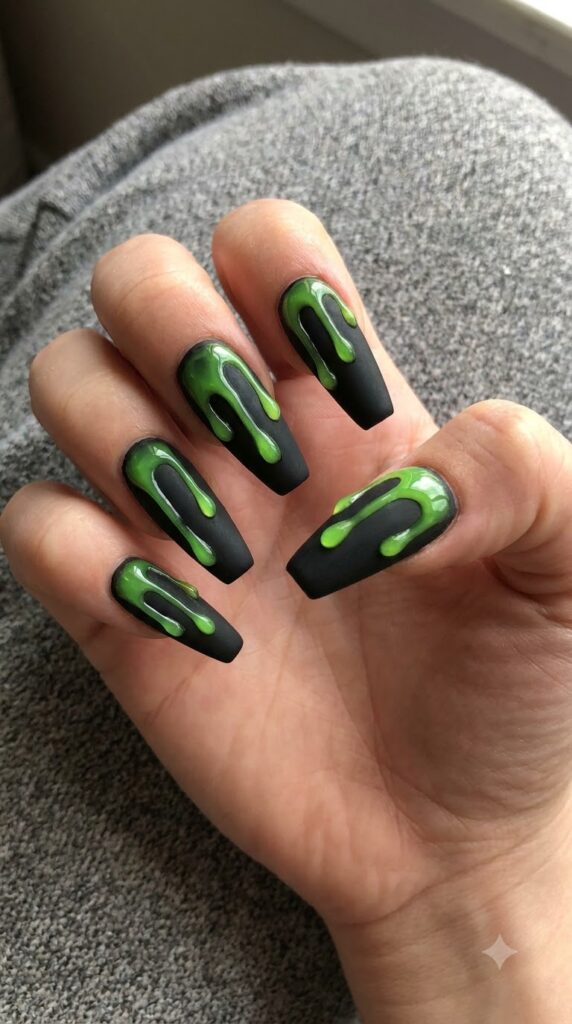 Coffin matte black nails with thick glossy neon green slime drip tips