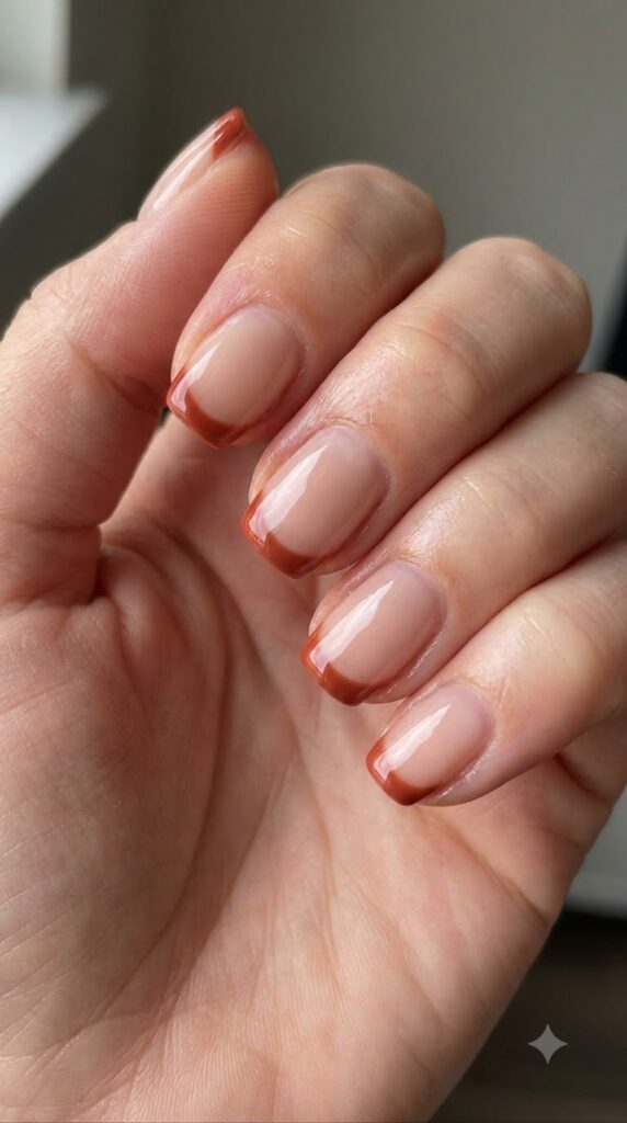 Short square nails split vertically with matte brick red and warm cream