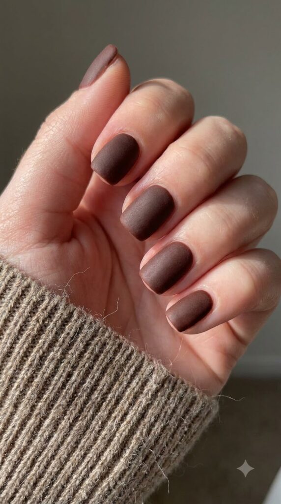 Short square nails with rich chestnut brown matte velvet finish