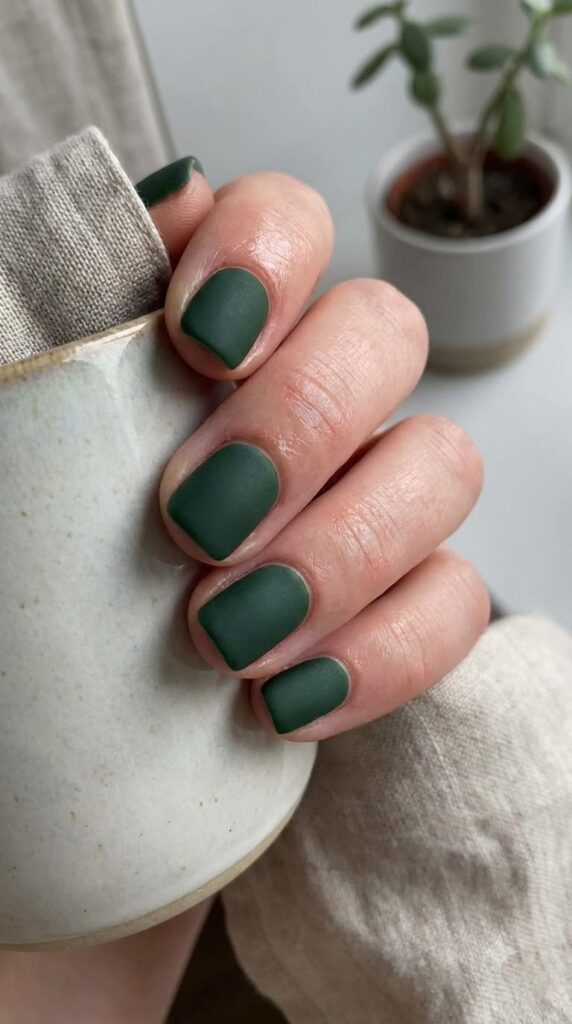Short square nails in dark green with a velvety matte finish