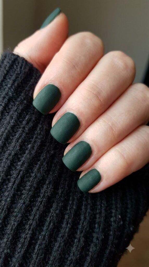 Short square forest green nails with a non-glossy velvety matte finish