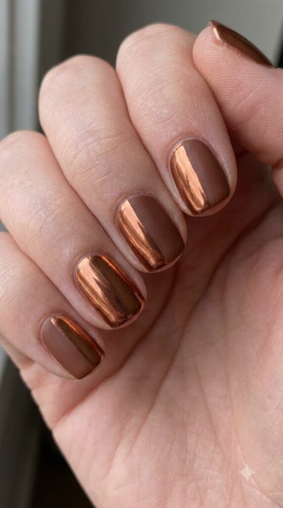 Short square nails split vertically with matte brown and copper chrome