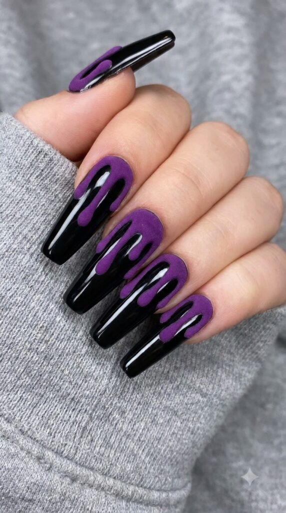 Long coffin black nails with thick matte grape purple dripping polish