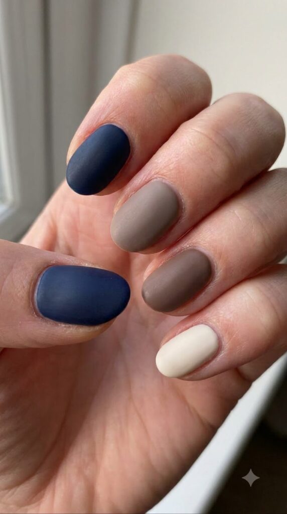 Short natural nails alternating matte navy blue, mocha brown, taupe, cream