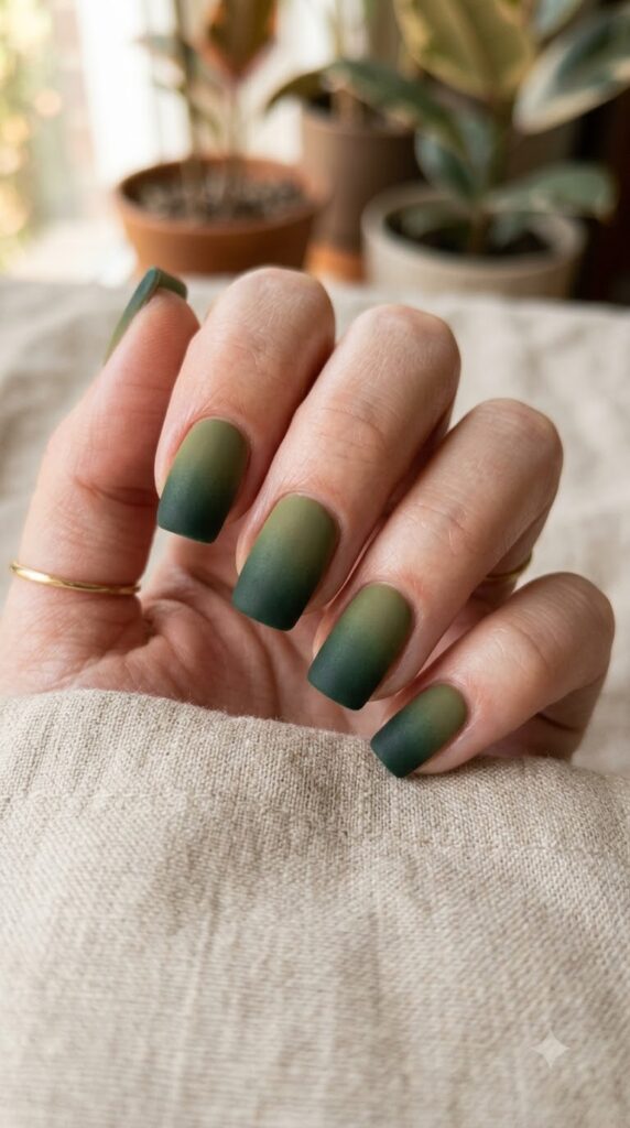 Short square muted olive green nails fading into forest green with matte finish