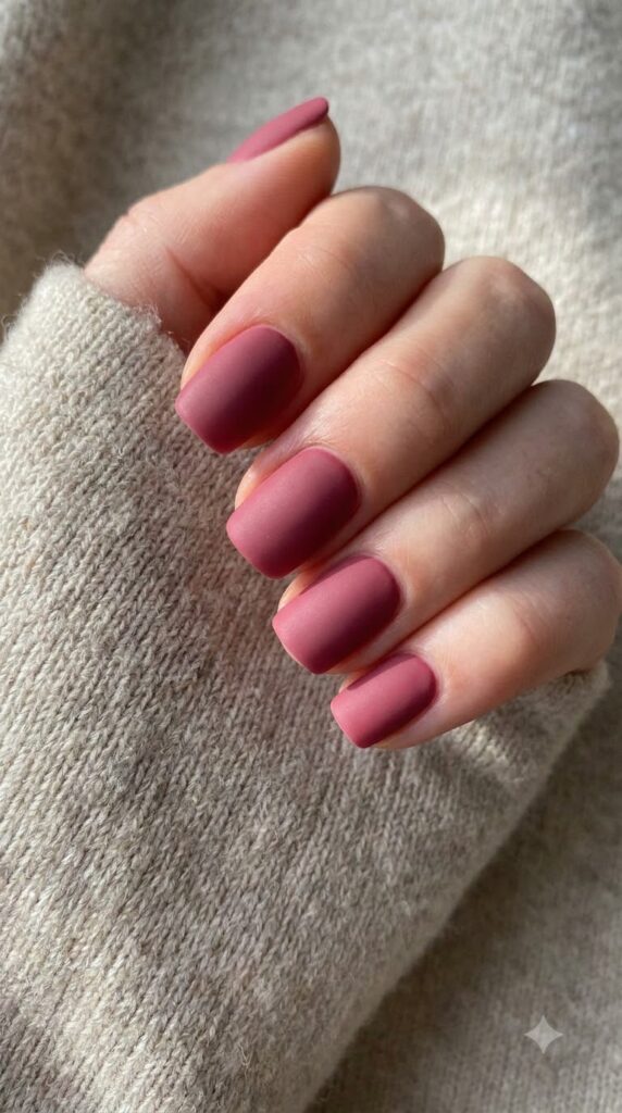 Short square nails painted in rich rosewood pink with matte velvet finish