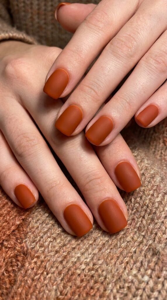 Short square nails painted in deep rust orange with matte velvet finish