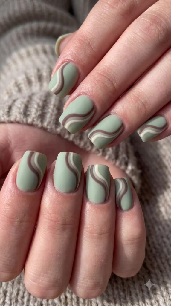 Short square matte sage green nails with chocolate brown and cream swirls