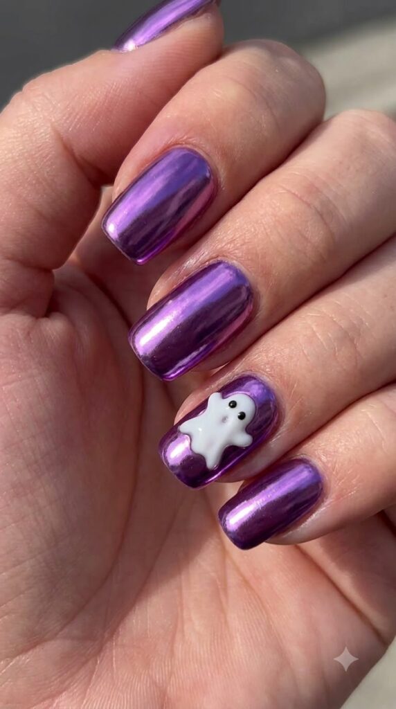 Short squoval metallic violet chrome nails with 3D white gel ghost accent