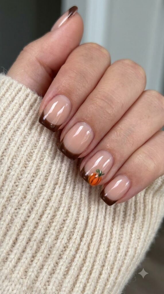 Short square nude nails with deep brown French tips and tiny pumpkin art