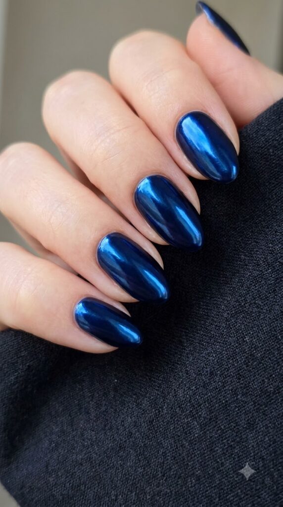 Short almond dark midnight navy blue nails buffed with cobalt mirror chrome