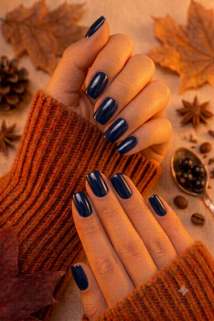 Short almond nails painted in rich dark midnight navy blue polish