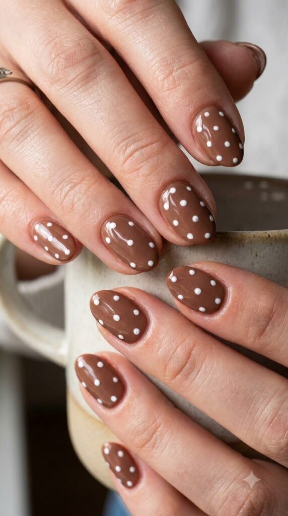 Short almond mocha brown nails with tiny hand-painted white polka dots