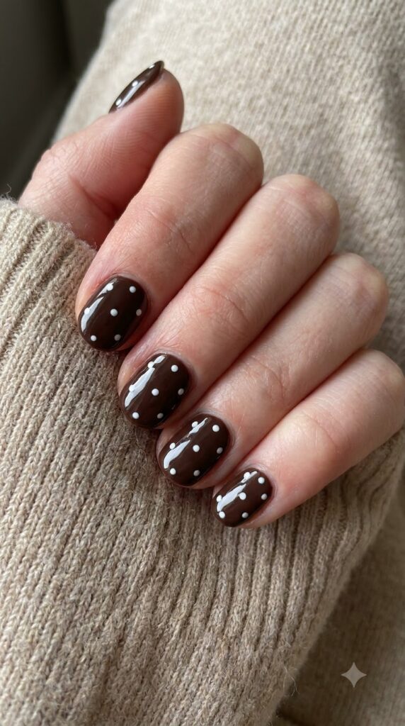 Short round mocha brown gel nails decorated with tiny hand-painted white dots