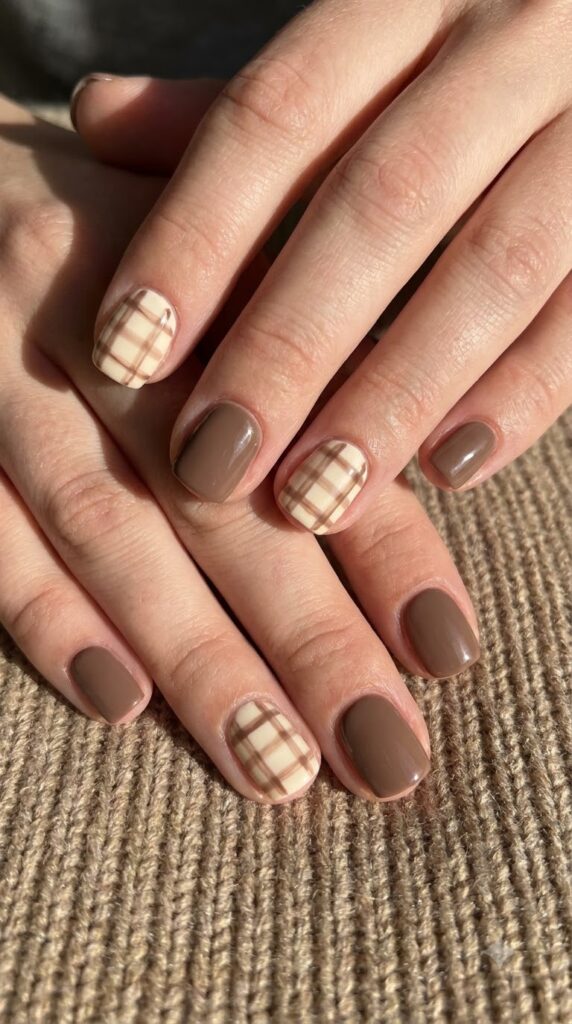 Short square cream and mocha brown nails with fine gingham grid pattern