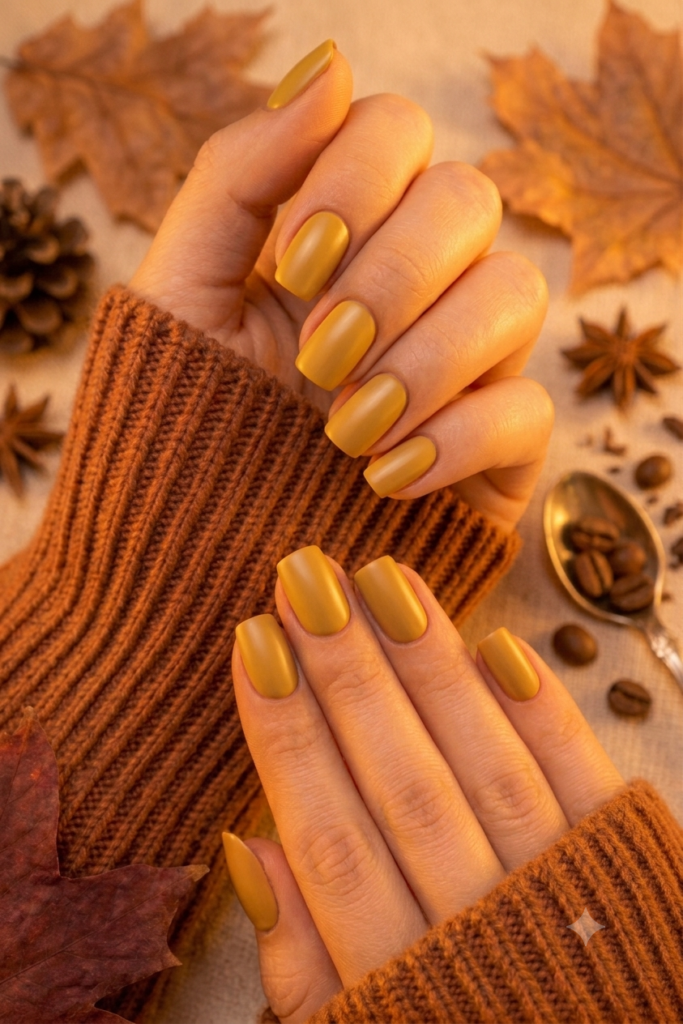 Short square nails painted in muted mustard glow yellow polish