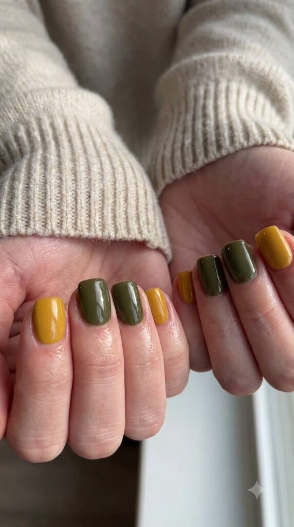 Short square nails alternating solid mustard yellow and deep olive green