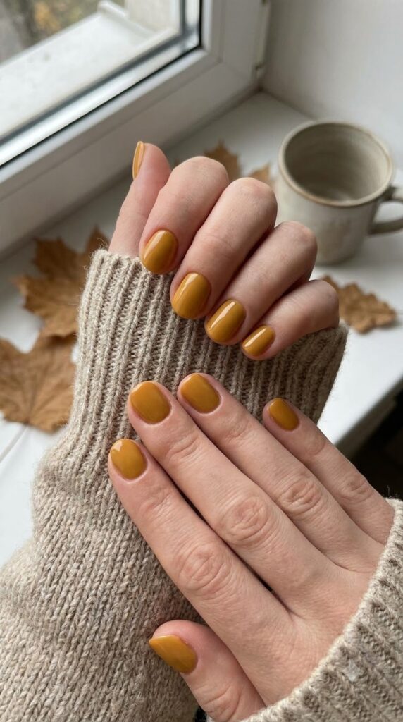 Short round nails painted in warm mustard yellow glossy polish