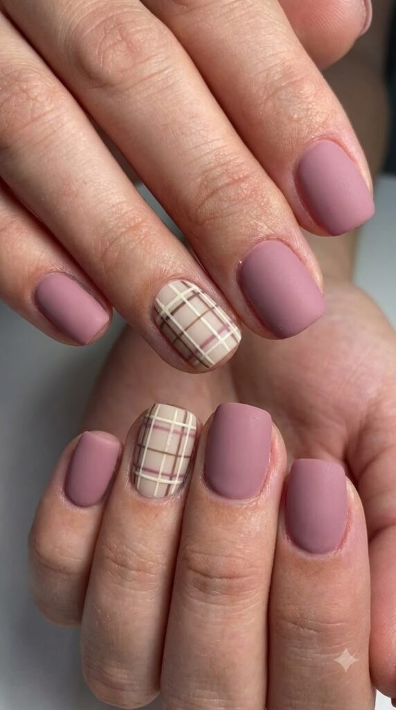 Short squoval mauve pink nails with cream, brown, and pink plaid grid art