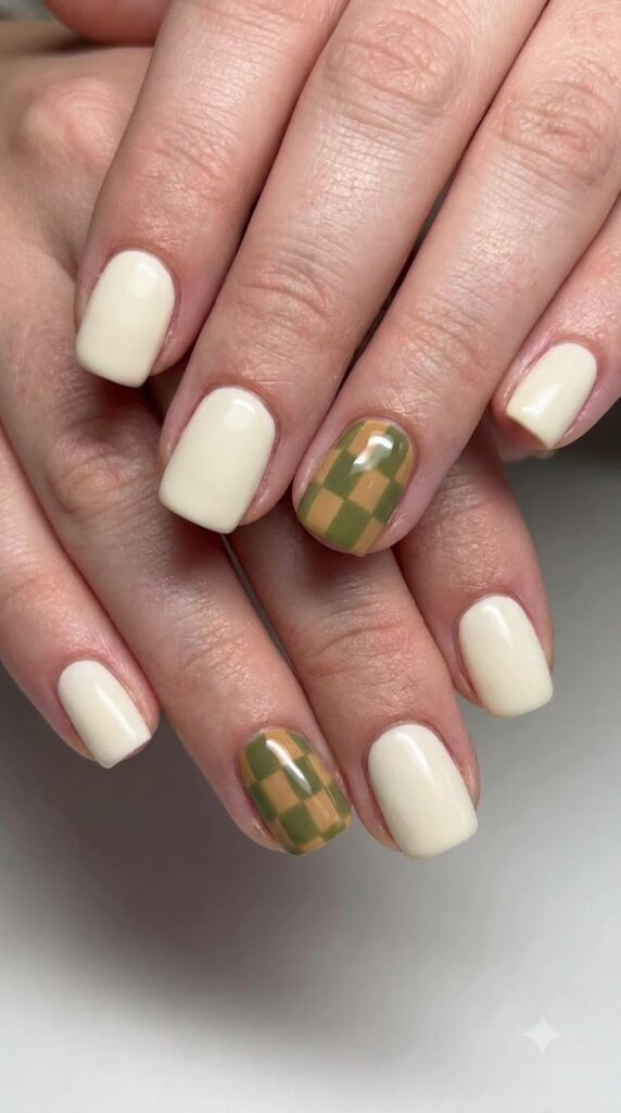 Short square off-white nails with muted olive green checkerboard squares