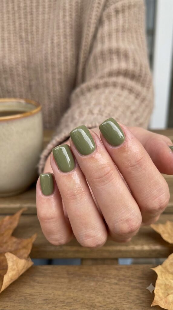 Short square nails painted in earthy muted olive green glossy polish