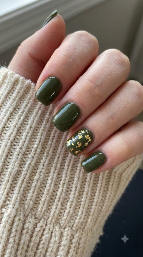 Short squoval deep olive green gel nails decorated with gold leaf foil flecks