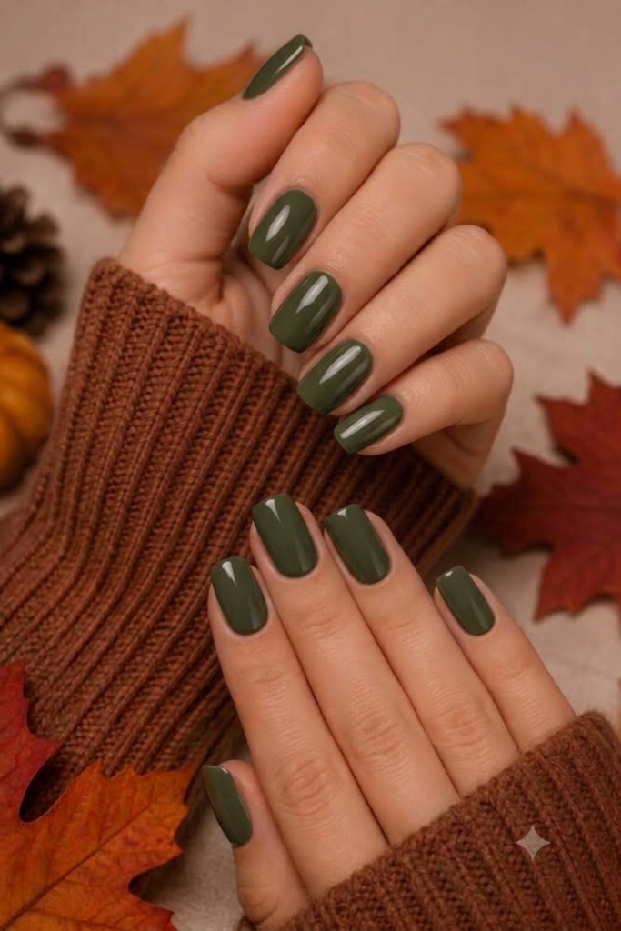 Short squoval nails painted in deep muted olive grove green polish