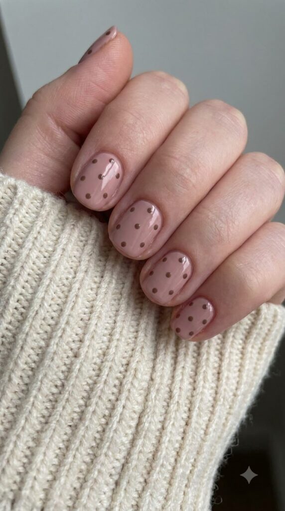 Short squoval dusty pink nails with tiny hand-painted brown polka dots