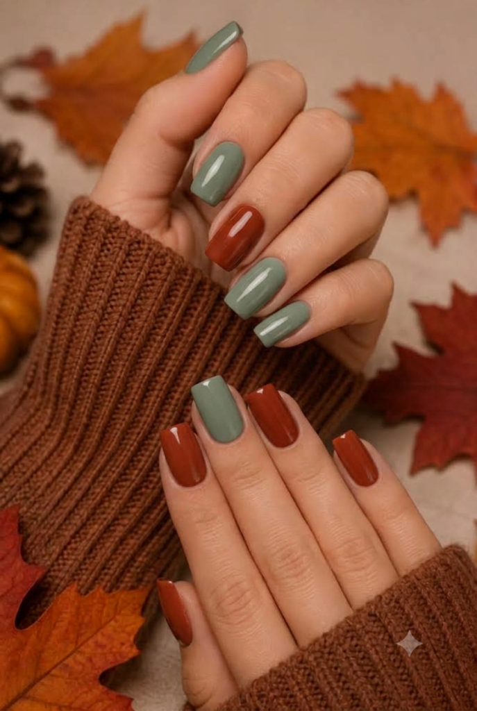 Short square nails alternating muted sage green and cinnamon red polish