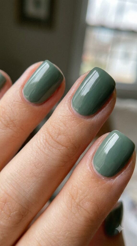 Short squoval nails painted in deep muted sage green creamy polish