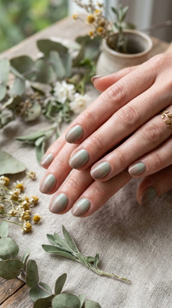 Short oval muted sage green nails blending gently into warm taupe brown tips
