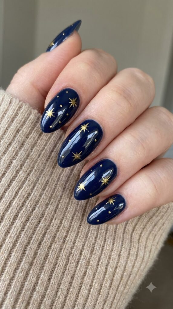 Almond glossy dark navy blue nails decorated with delicate golden starbursts