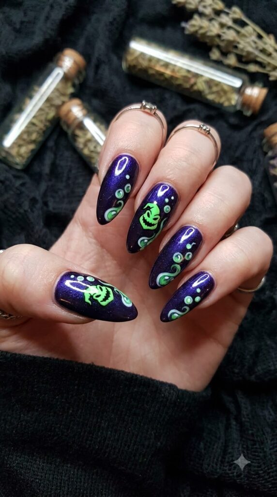 Long almond purple nails with glowing neon green Oogie faces and potion bubbles