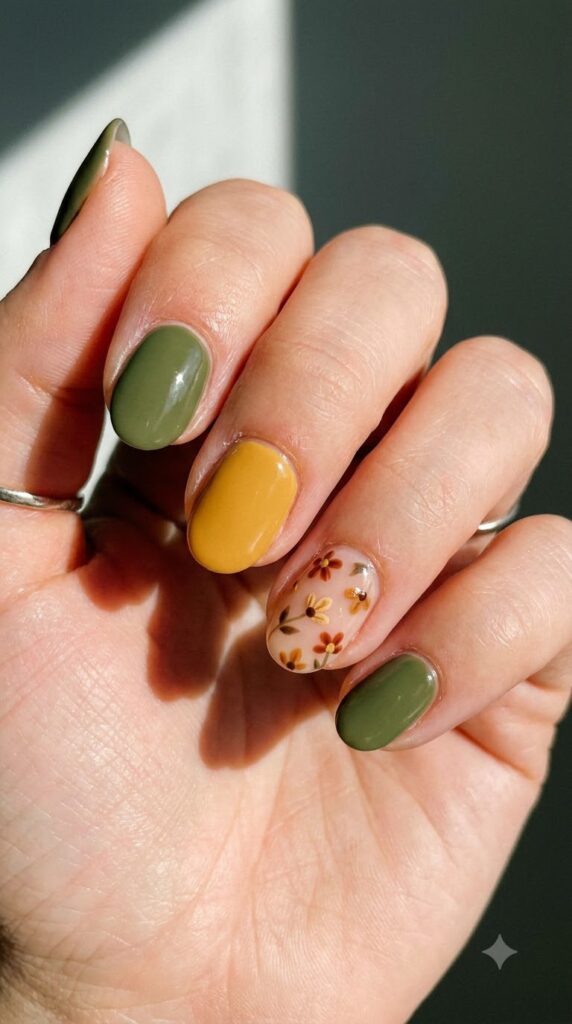 Short oval olive and mustard nails with tiny autumn flower accent art
